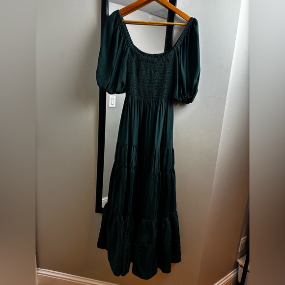 La Ligne Teal emerald green smocked maxi Dress scoop neck short sleeve silk - Picture 3 of 8